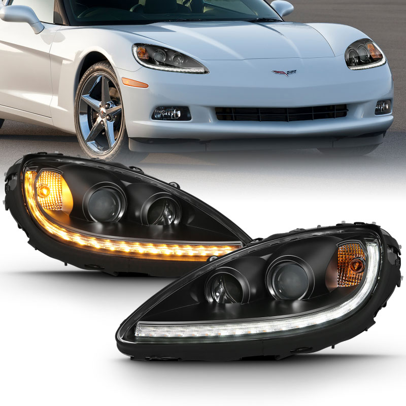 ANZO 121553 | 2006-2013 Chevy Corvette Projector Plank Style Switchback HL Black Amber; 2006-2013