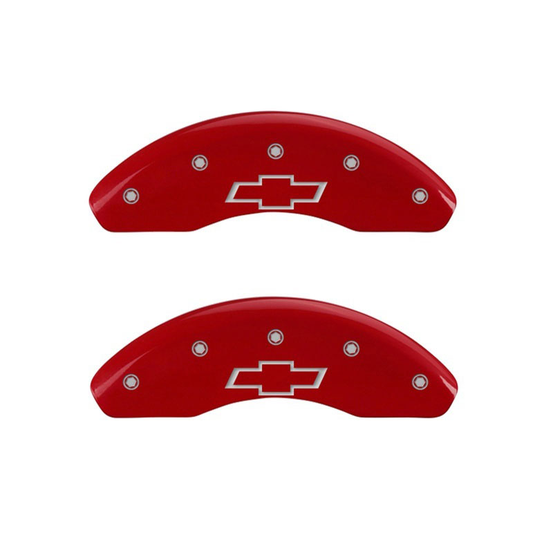 MGP 14230FBOWRD | Front set 2 Caliper Covers Engraved Front Bowtie Red finish silver ch; 2006-2010