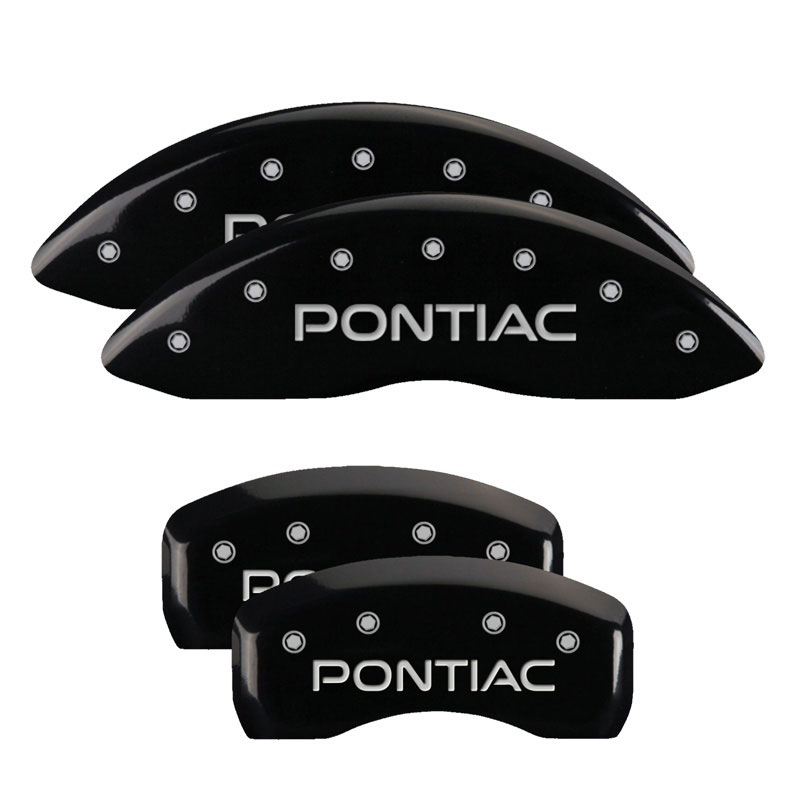 MGP 18031SPOPBK | 4 Caliper Covers Engraved Front & Rear Pontiac Black finish silver ch; 2004-2005