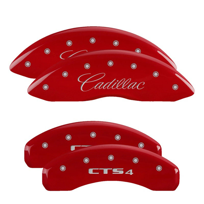 MGP 35013SCT4RD | 4 Caliper Covers Engraved Front Cursive/Cadillac Engraved Rear CTS4 Red finish silver ch; 2009-2019