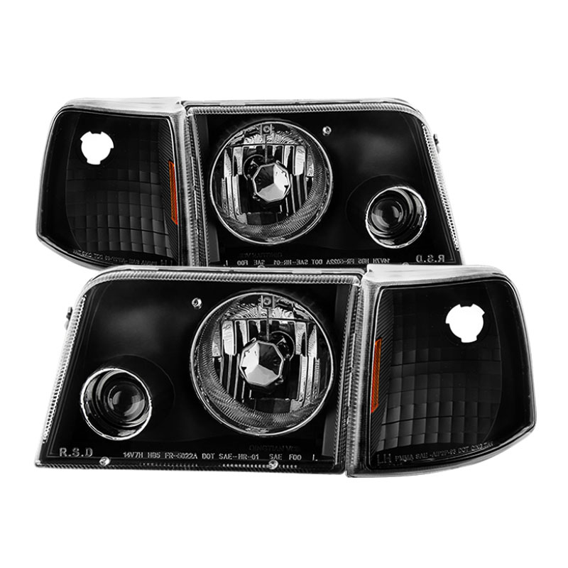 SPYDER 9029387 | Xtune Ford Ranger 93-97 Projector Headlights w/ Corner Lights Black PRO-JH-FR93-SET-BK; 1993-1997