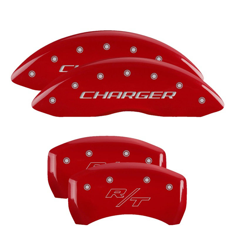 MGP 12001SCHRRD | 4 Caliper Covers Engraved Front Charger Engraved Rear RT Red finish silver ch; 2009-2010