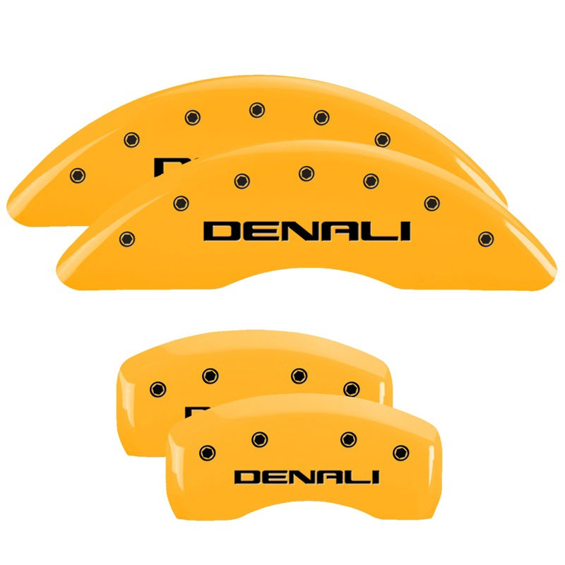 MGP 34001SDNLYL | 4 Caliper Covers Engraved Front & Rear Denali Yellow finish black ch; 2011-2016