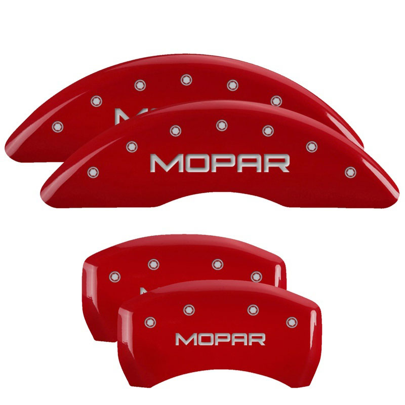 MGP 42012SMOPRD | 4 Caliper Covers Engraved Front & Rear MOPAR Red finish silver ch; 2016-2022