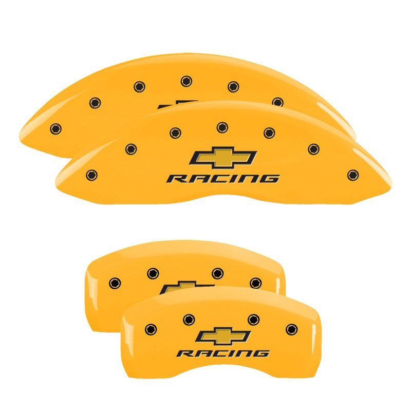 MGP 14006SBRCYL | 4 Caliper Covers Engraved Front & Rear Chevy racing Yellow finish black ch; 2010-2013