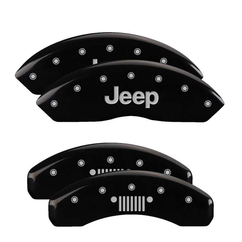 MGP 42007SJPLBK | 4 Caliper Covers Engraved Front JEEP Engraved Rear JEEP Grill logo Black finish silver ch; 2012-2012