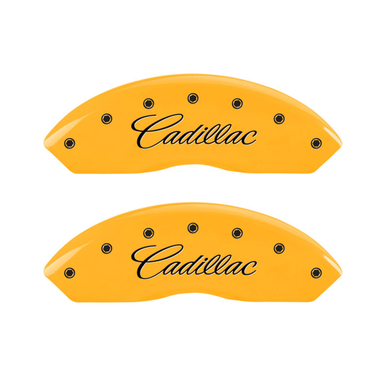 MGP 35005SCADYL | 4 Caliper Covers Engraved F & R Cursive/Cadillac Yellow Finish Black Char 2007 Cadillac DTS; 2006-2011