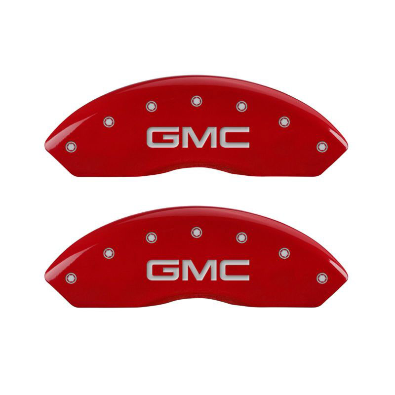 MGP 34212SGMCRD | 4 Caliper Covers Engraved Front & Rear GMC Red Finish Silver Char 2019 GMC Arcadia; 2017-2020