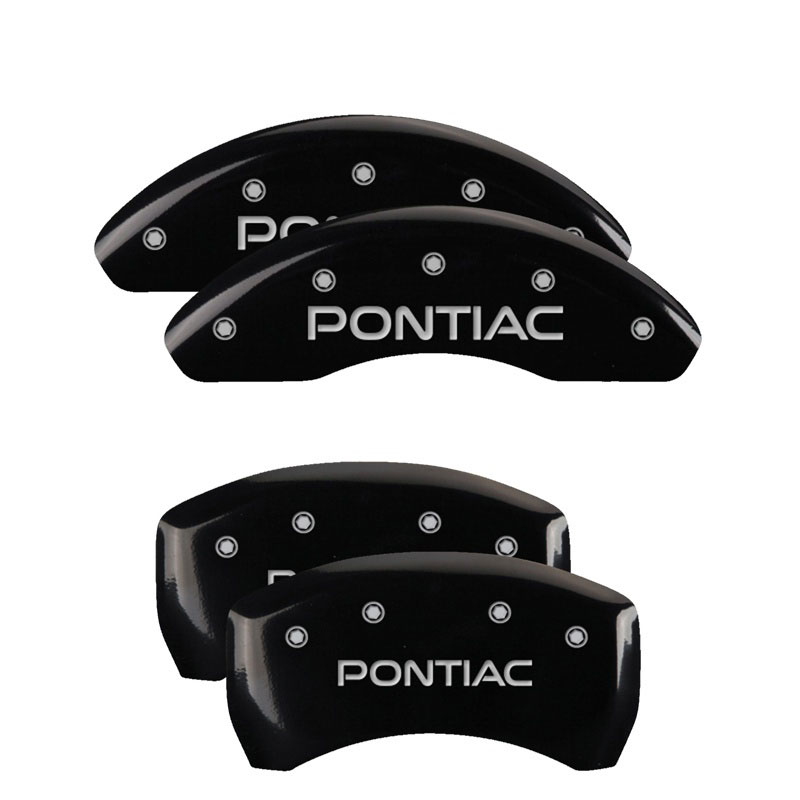 MGP 18025SPOPBK | 4 Caliper Covers Engraved Front & Rear Pontiac Black finish silver ch; 2007-2009