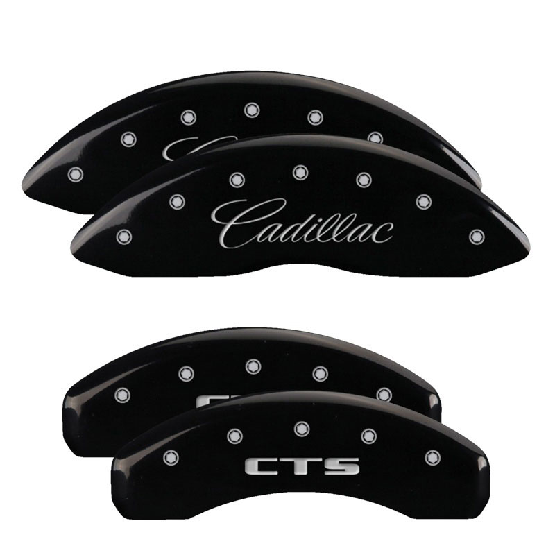 MGP 35013SCTSBK | 4 Caliper Covers Engraved Front Cursive/Cadillac Engraved Rear CTS Black finish silver ch; 2009-2019