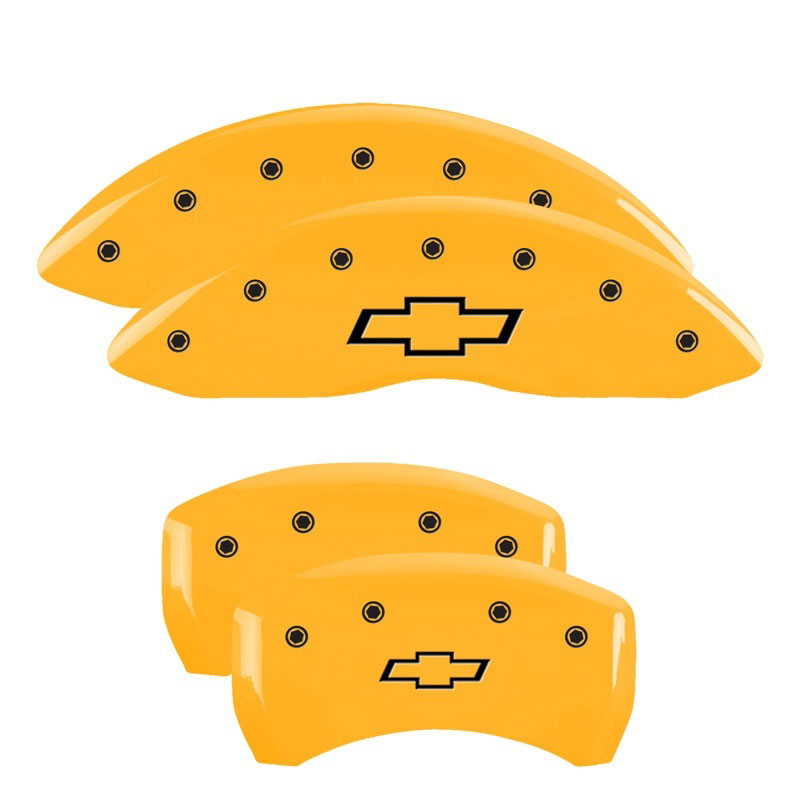 MGP 14231SBOWYL | 4 Caliper Covers Engraved Front & Rear Bowtie Yellow finish black ch; 2014-2015