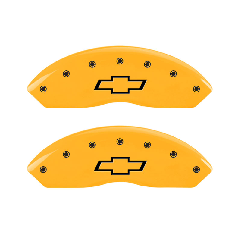 MGP 14003FBOWYL | 2 Caliper Covers Engraved Front Bowtie Yellow Finish Black Char 1997 Chevrolet C3500; 1997-1998