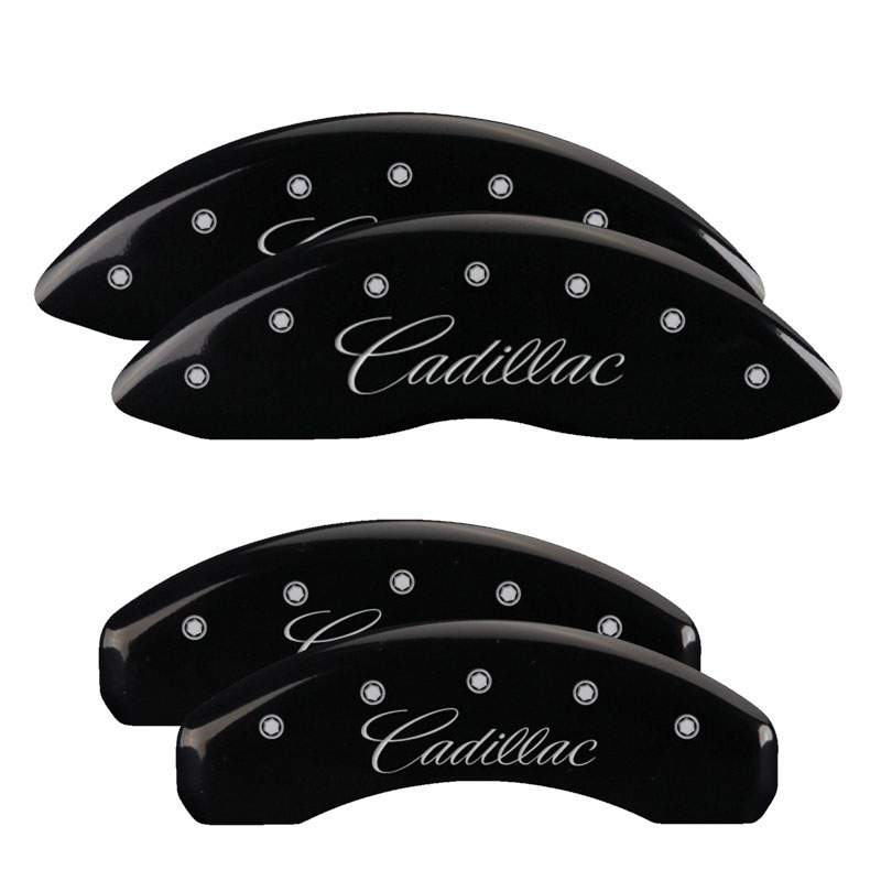 MGP 35015SCADBK | 4 Caliper Covers Engraved Front & Rear Cursive/Cadillac Black finish silver ch; 2007-2020