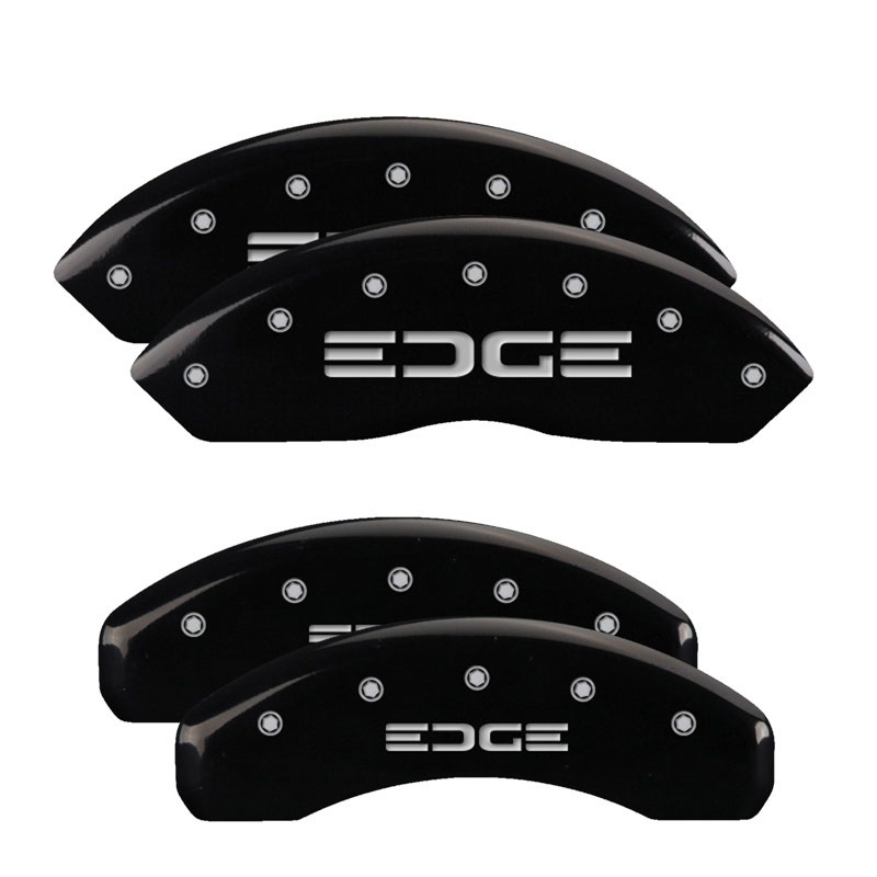 MGP 10119SEDGBK | 4 Caliper Covers Engraved Front & Rear Edge Black finish silver ch; 2011-2014