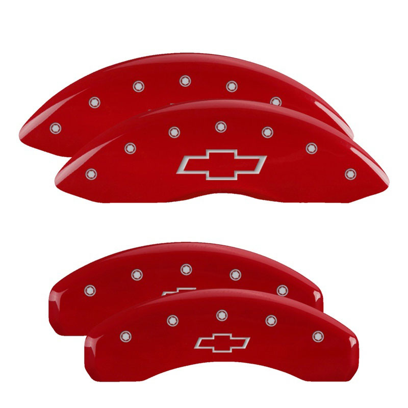 MGP 14007SBOWRD | 4 Caliper Covers Engraved Front & Rear Bowtie Red finish silver ch; 2009-2014