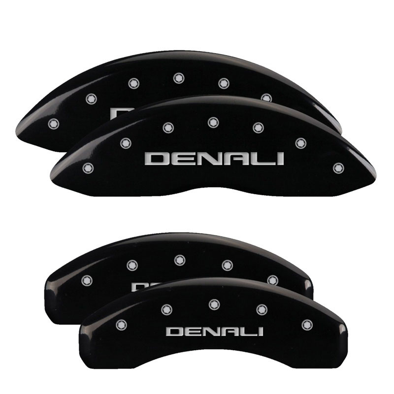 MGP 34006SDNLBK | 4 Caliper Covers Engraved Front & Rear Denali Black finish silver ch