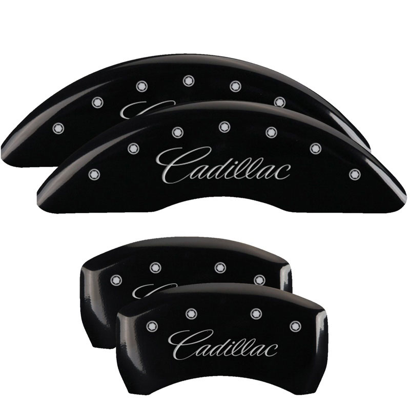 MGP 35008SCADBK | 4 Caliper Covers Engraved Front & Rear Cursive/Cadillac Black finish silver ch; 2013-2016