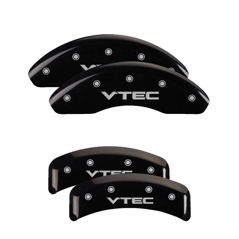 MGP 39002SVTCBK | 4 Caliper Covers Engraved Front & Rear Vtech Black finish silver ch; 2002-2003