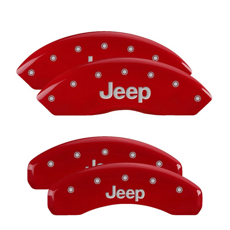 MGP 42007SJEPRD | 4 Caliper Covers Engraved Front & Rear JEEP Red finish silver ch; 2012-2012