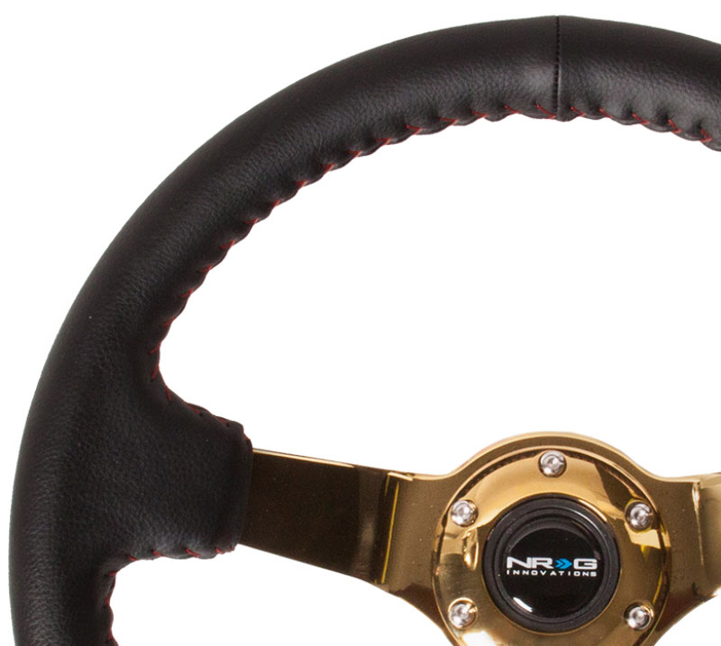 NRG rst-036gd | Reinforced Steering Wheel (350mm / 3in. Deep) Blk Leather/Red BBall Stitch w/4mm Gold Spokes