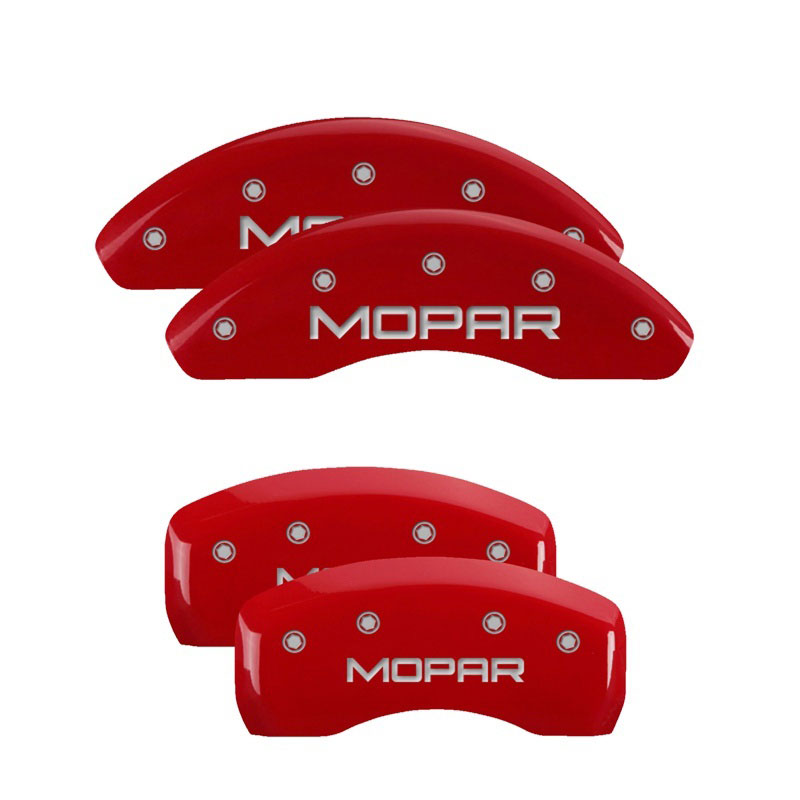 MGP 32015SMOPRD | 4 Caliper Covers Engraved Front & Rear MOPAR Red finish silver ch; 2004-2006