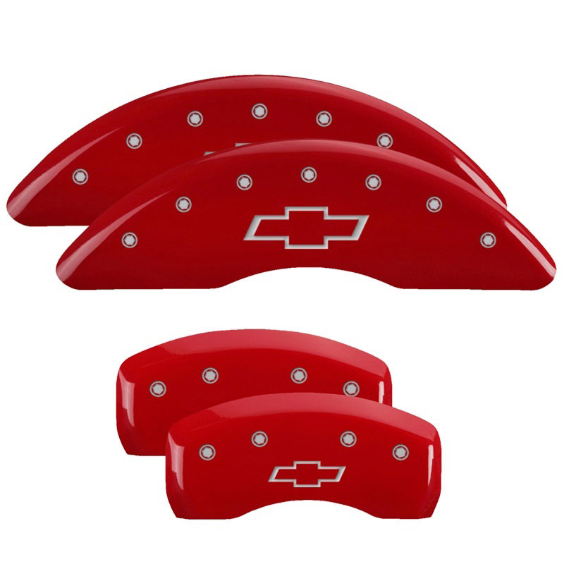 MGP 14214SBOWRD | 4 Caliper Covers Engraved Front & Rear Bowtie Red finish silver ch; 2009-2017