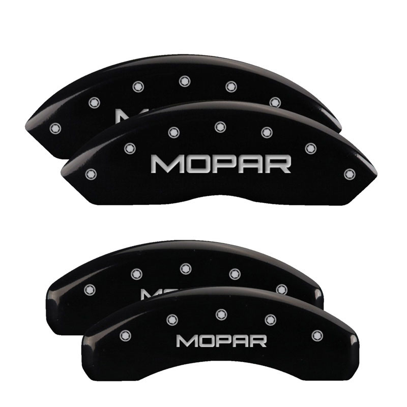 MGP 42007SMOPBK | 4 Caliper Covers Engraved Front & Rear MOPAR Black finish silver ch; 2012-2012