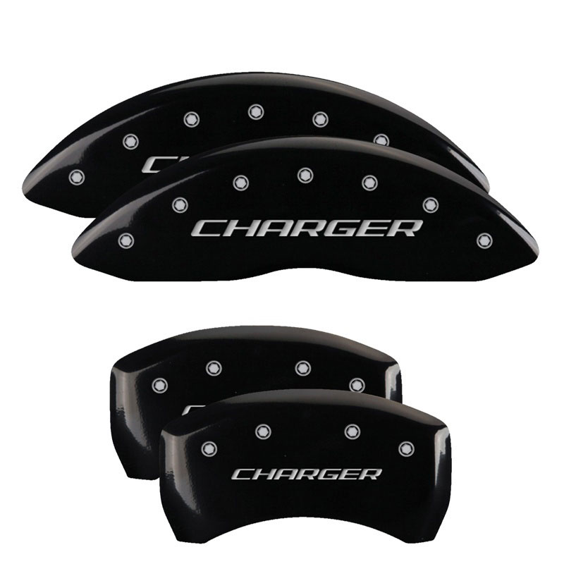 MGP 12001SCHBBK | 4 Caliper Covers Engraved Front & Rear Block/Charger Black finish silver ch; 2009-2010