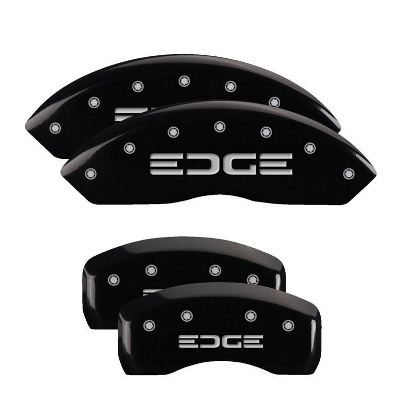 MGP 10042SEDGBK | 4 Caliper Covers Engraved Front & Rear Edge Black finish silver ch; 2008-2010