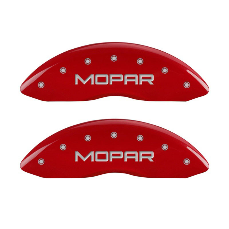 MGP 42011FMOPRD | Front set 2 Caliper Covers Engraved Front MOPAR Red finish silver ch; 2011-2019