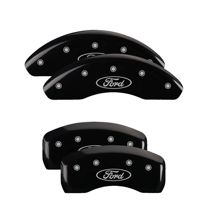 MGP 10236SFRDBK | 4 Caliper Covers Engraved Front & Rear Oval logo/Ford Black finish silver ch; 2014-2017