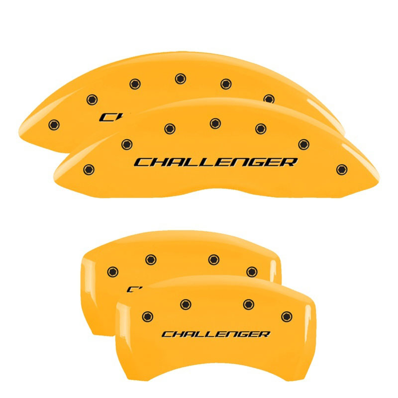 MGP 12162SCLBYL | 4 Caliper Covers Engraved Front & Rear Block/Challenger Yellow finish black ch; 2017-2017