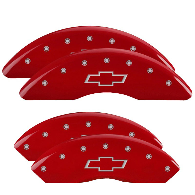 MGP 14008SBOWRD | 4 Caliper Covers Engraved Front & Rear Bowtie Red finish silver ch; 2009-2016