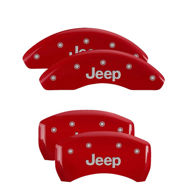 MGP 42013SJEPRD | 4 Caliper Covers Engraved Front & Rear JEEP Red finish silver ch; 2016-2022