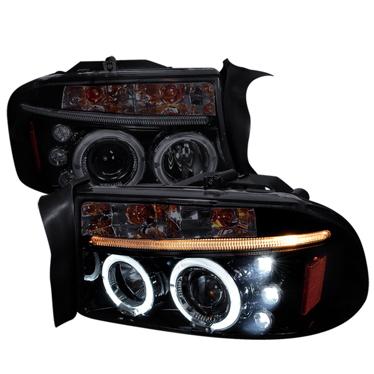 Spec-D Tuning 2LHP-DAK97G-TM | Dodge Dakota Halo Projector Headlight Gloss Black Housing Smoke Lens; 1997-2004