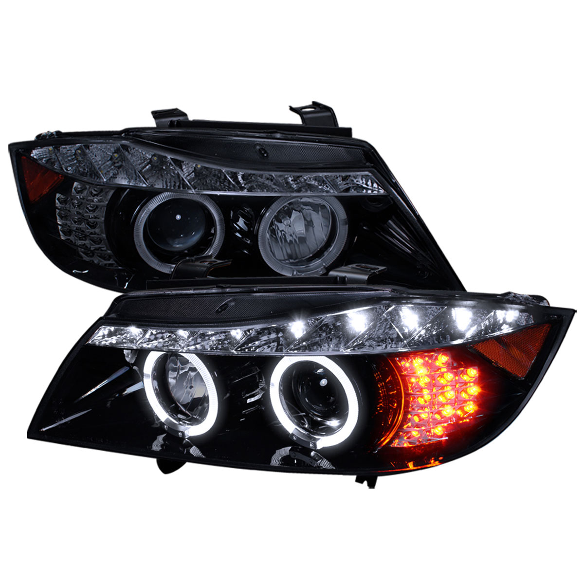 Spec-D Tuning 2LHP-E9005G-8V2-TM | Bmw E90 R8 Style Projector Headlight Gloss Black Housing Smoke Lens 4d Sedan Only Amber Led Corner Light; 2006-2008