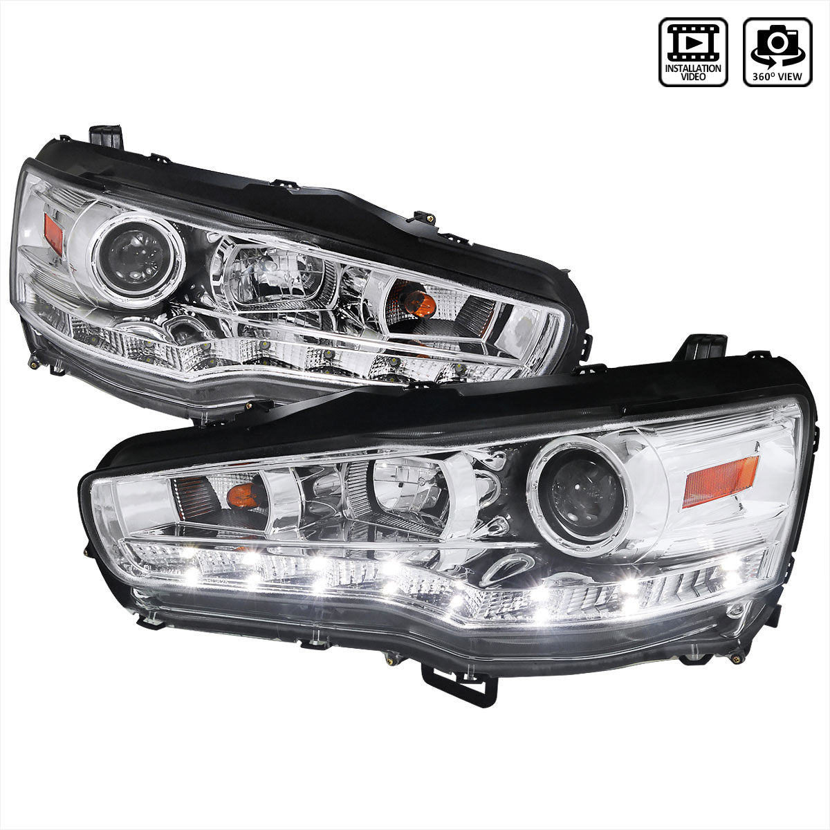 Spec-D Tuning 2LHP-EVO08-8-TM | Mitsubishi Lancer Projector Headlight Chrome Housing R8 Style; 2008-2012