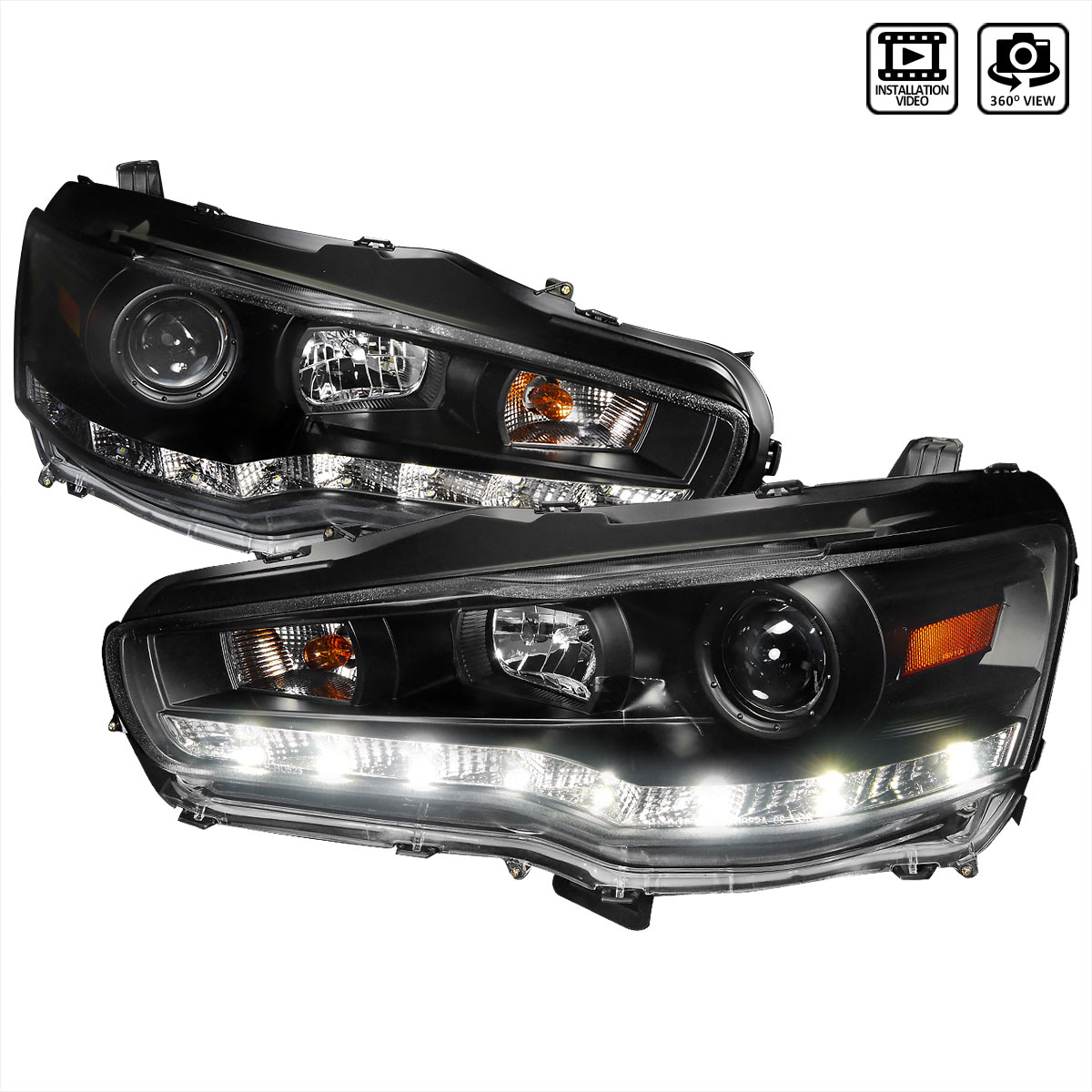 Spec-D Tuning 2LHP-EVO08JM-8-TM | Mitsubishi Lancer Projector Headlight Black Housing R8 Style; 2008-2012