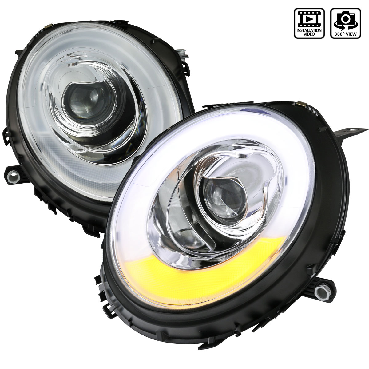 Spec-D Tuning 2LHP-MINI06-V2-TM | Mini Cooper Chrome Projector Headlights With Light Bar; 2007-2012