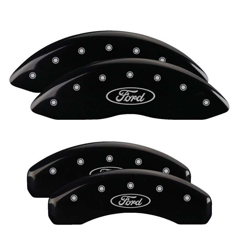 MGP 10215SFRDBK | 4 Caliper Covers Engraved Front & Rear Oval logo/Ford Black finish silver ch; 2011-2019