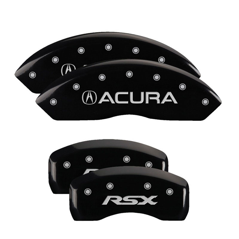 MGP 39005SRSXBK | 4 Caliper Covers Engraved Front Acura Engraved Rear RSX Black finish silver ch; 2002-2006