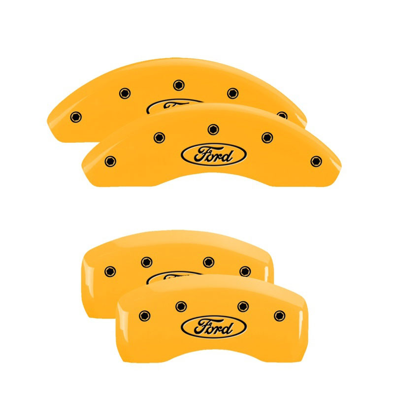 MGP 10236SFRDYL | 4 Caliper Covers Engraved Front & Rear Oval logo/Ford Yellow finish black ch; 2014-2017