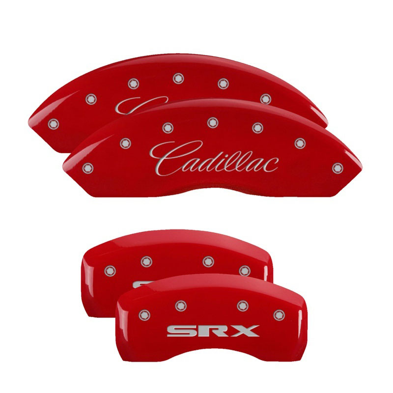 MGP 35002SSRXRD | 4 Caliper Covers Engraved Front Cursive/Cadillac Engraved Rear SRX Red finish silver ch; 2004-2009