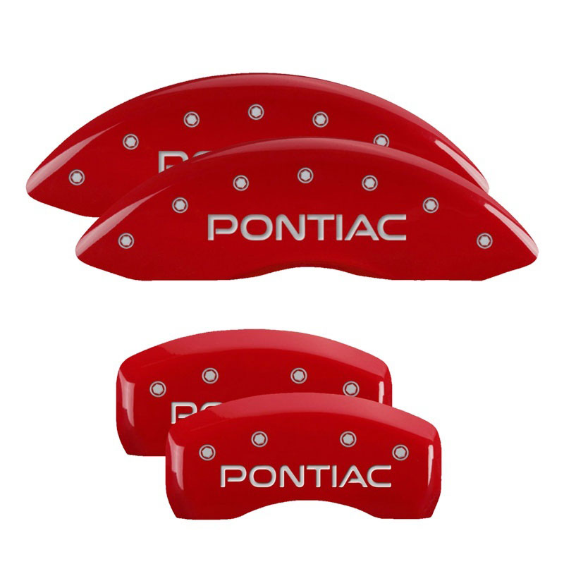 MGP 18031SPOPRD | 4 Caliper Covers Engraved Front & Rear Pontiac Red finish silver ch; 2004-2005