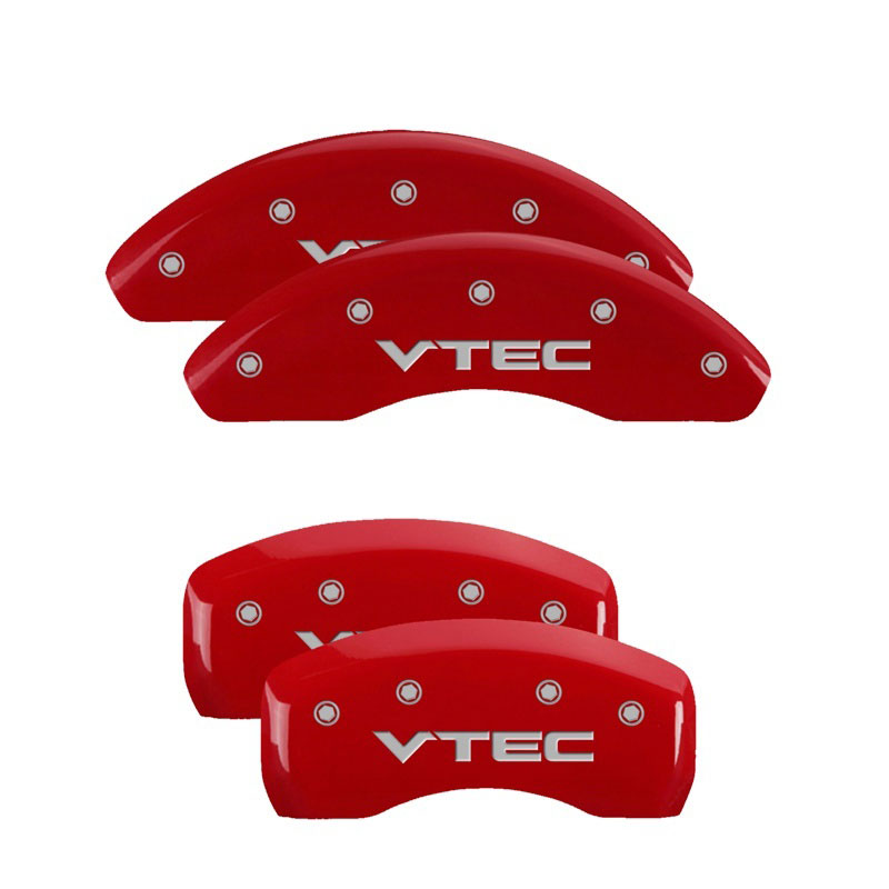 MGP 39008SVTCRD | 4 Caliper Covers Engraved Front & Rear Vtech Red finish silver ch; 2003-2004