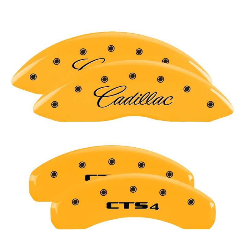 MGP 35013SCT4YL | 4 Caliper Covers Engraved Front Cursive/Cadillac Engraved Rear CTS4 Yellow finish black ch; 2009-2019