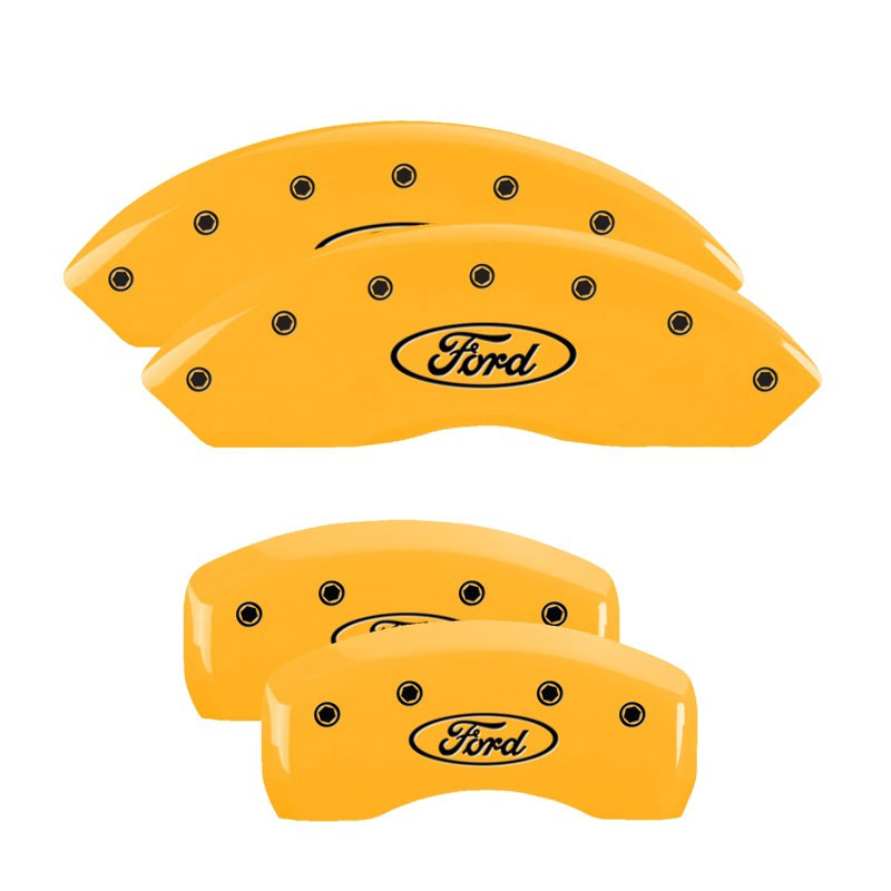 MGP 10220SFRDYL | 4 Caliper Covers Engraved Front & Rear Oval logo/Ford Yellow finish black ch; 2017-2020