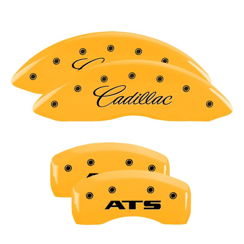 MGP 35007SATSYL | 4 Caliper Covers Engraved Front Cadillac Engraved Rear ATS Yellow finish black ch; 2013-2018