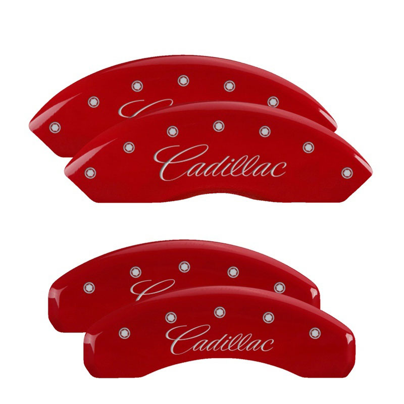 MGP 35005SCADRD | 4 Caliper Covers Engraved Front & Rear Cursive/Cadillac Red finish silver ch; 2006-2011