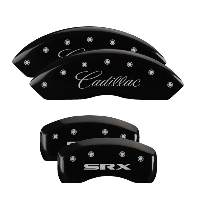 MGP 35002SSRXBK | 4 Caliper Covers Engraved Front Cursive/Cadillac Engraved Rear SRX Black finish silver ch; 2004-2009